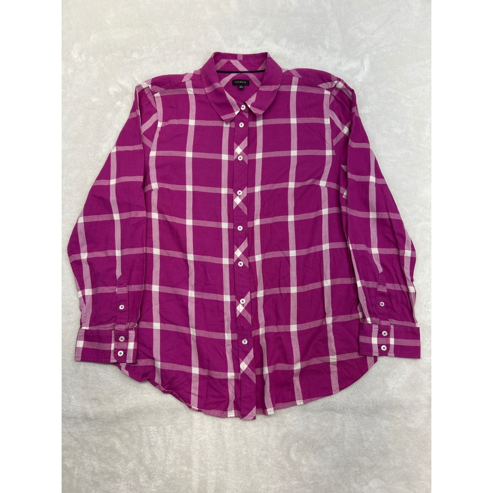Talbots Button Down Shirt Womens XL Magenta Purple Plaid Cotton Rayon Top